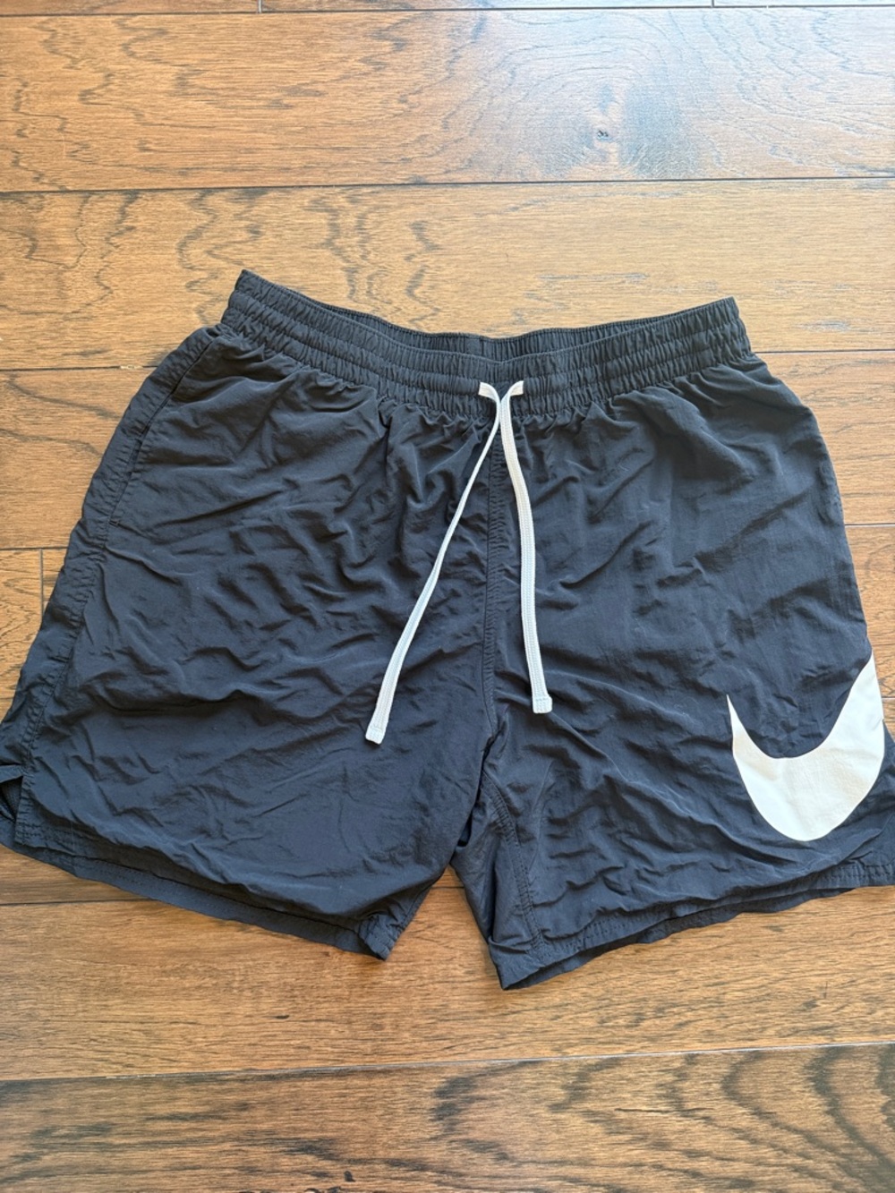 Nike Black Men’s Athletic Nylon Shorts with liner White Swoosh & NikeText - Picture 2 of 5